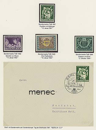 Saksa, Postimerkin päivä 1941, 2xFDC, erikoisleimakuori + Postimerkin päivän postituoreet 1941-1944 