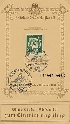 Saksa, Postimerkin päivä 1941, FDC korukortilla ja perforoidulla pääsylipulla 