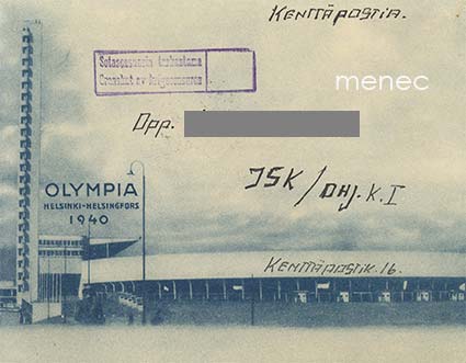 Olympia 1940 -kuvakuori, kenttäpostilähetys Ilmasotakouluun 17.1.1940 