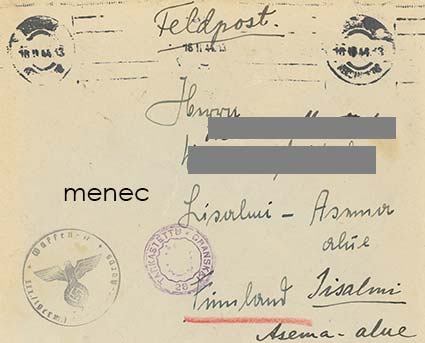 SS-Feldpost 16.2.1944, suomalaiselle SS-miehelle 