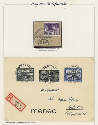 Saksa, Postimerkin päivä 1942. FDC-leike ja erikoisleimakirje kirjattuna 