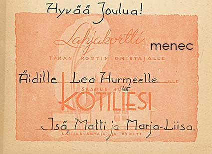 Kotilieden lahjakortti 1945 