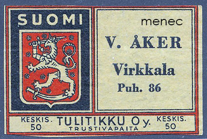Suomi-kauppiasetiketti, V. Åker, Virkkala 