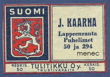 Suomi-kauppiasetiketti, J. Kaarna, Lappeenranta 