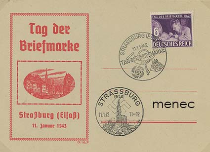 Saksa, Postimerkin päivä 1942. Strassburg-teemakuori kahdella FDC-leimalla 