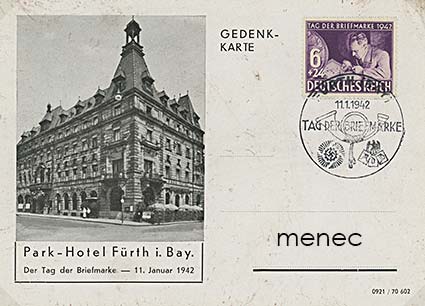 Saksa, Postimerkin päivä 1942. FDC Fürthin Park-hotellin teemakortilla 