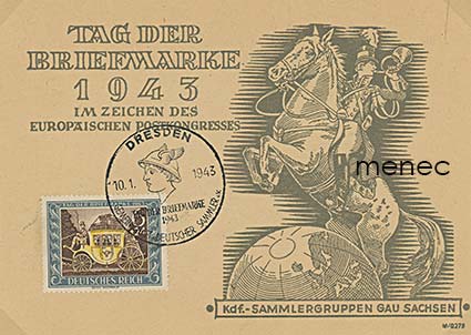 Saksa, Postimerkin päivä 1943. FDC Kraft durch Freude Gau Sachsen -kortilla 