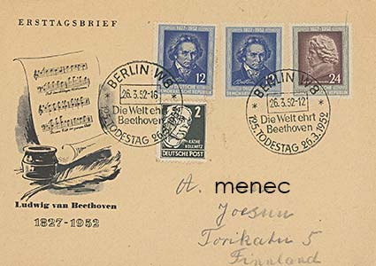 Saksa, DDR, 125 vuotta Beethovenin kuolemasta 1952, FDC 