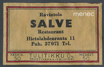 Tulitikkuetiketti, Ravintola Salve, Helsinki 