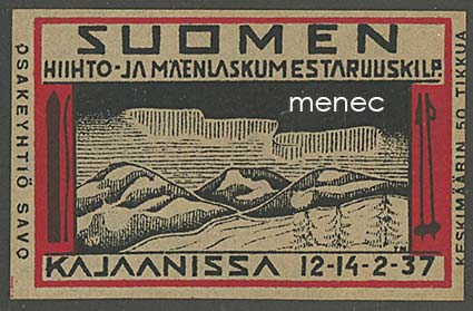 Suomen hiihto- ja mäenlaskumestaruuskilp. Kajaanissa 12-14.2.-37, tulitikkuetiketti 