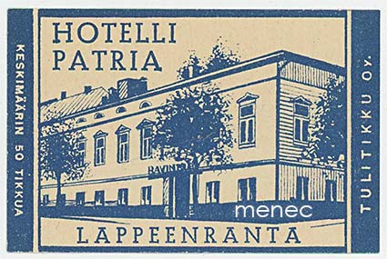 Tulitikkuetiketti, Hotelli Patria, Lappeenranta 