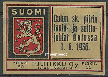 Tulitikkuetiketti, Oulun sk. piirin laulu- ja soittojuhlat Oulussa 1.6.1936 