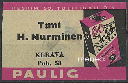 Kauppiasetiketti, T:mi H. Nurminen, Kerava 