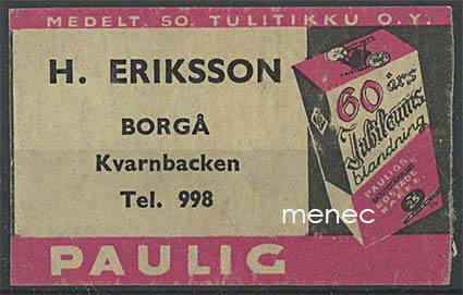Kauppiasetiketti, H. Eriksson, Porvoo 