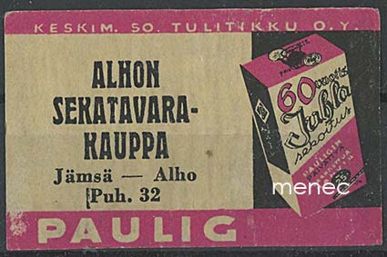 Kauppiasetiketti, Alhon Sekatavarakauppa, Jämsä - Alho 