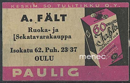 Kauppiasetiketti, A. Fält, Oulu 