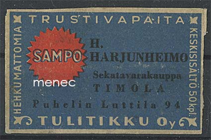 Kauppiasetiketti, H. Harjunheimo, Timola, Leppävirta 