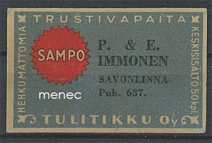 Kauppiasetiketti, P. & E. Immonen, Savonlinna 