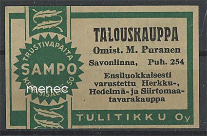 Kauppiasetiketti, Talouskauppa, omist. M. Puranen, Savonlinna 