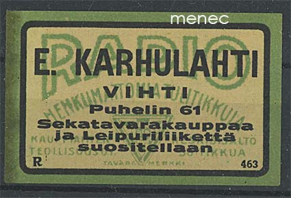 Kauppiasetiketti, E. Karhulahti, Vihti 