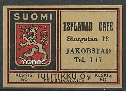 Tulitikkuetiketti, Esplanad Café, Pietarsaari 