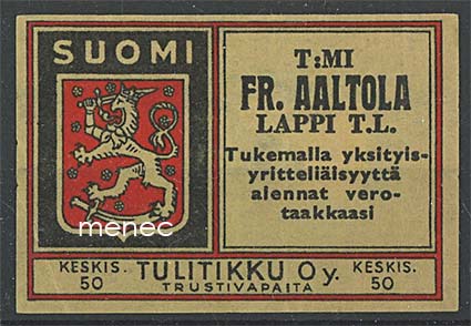 Tulitikkuetiketti, T:mi Fr. Aaltola, Lappi T.L. 