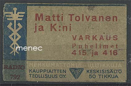 Kauppiasetiketti, Matti Toivanen ja K:ni, Varkaus 
