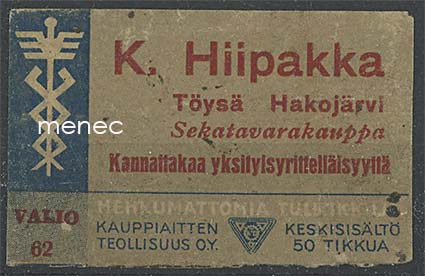 Kauppiasetiketti, K. Hiipakka, Töysä, Hakojärvi 