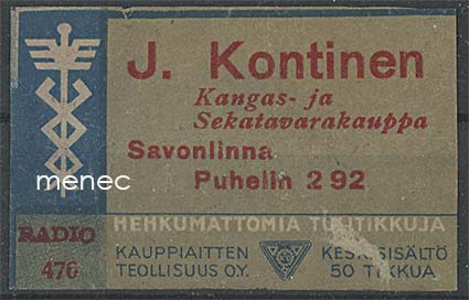 Kauppiasetiketti, J. Kontinen, Savonlinna 