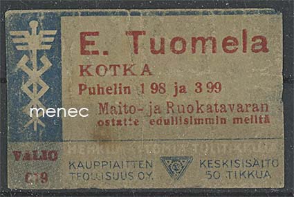 Kauppiasetiketti, E. Tuomela, Kotka 