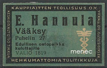 Kauppiasetiketti, E. Hannula, Vääksy 