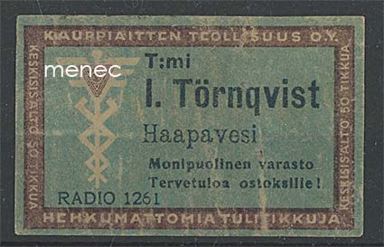 Kauppiasetiketti, T:mi I. Törnqvist, Haapavesi 