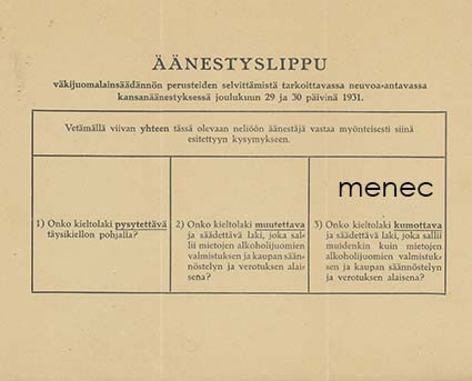 Kieltolakia koskevan kansanäänestyksen äänestyslippu 1931 