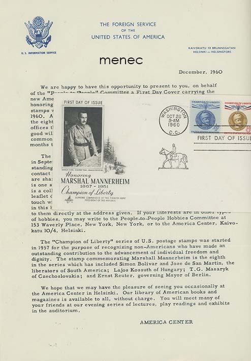 USA, Honoring Marshal Mannerheim 1867-1951, FDC 1960, America Centerin kirjeellä 