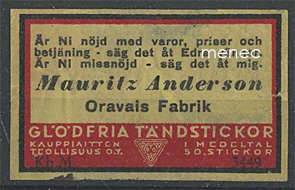 Kauppiasetiketti, Mauritz Anderson, Oravaisten tehdas 