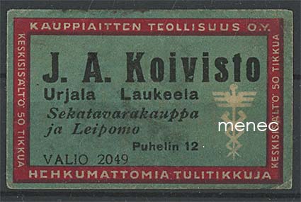 Kauppiasetiketti, J. A. Koivisto, Urjala, Laukeela 