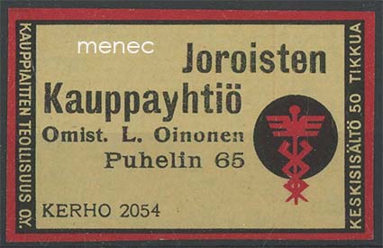 Kauppiasetiketti, Joroisten Kauppayhtiö, omist. L. Oinonen 
