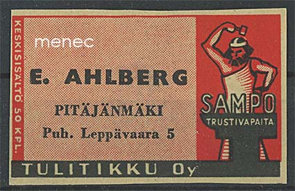 Seppä-etiketti, vanha malli, E. Ahlberg, Pitäjänmäki, Helsinki 