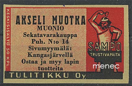 Seppä-etiketti, vanha malli, Akseli Muotka, Muonio 