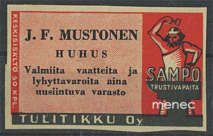 Seppä-etiketti, vanha malli, J. F. Mustonen, Huhus, Ilomantsi 