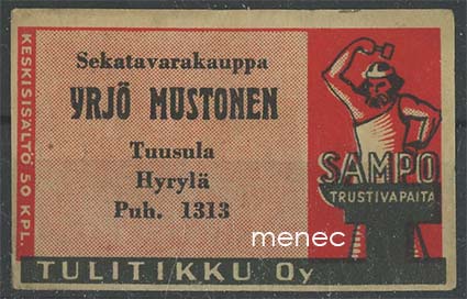 Seppä-etiketti, vanha malli, Yrjö Mustonen, Tuusula, Hyrylä 