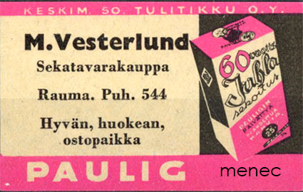 Kauppiasetiketti, Paulig, M. Vesterlund, Rauma 