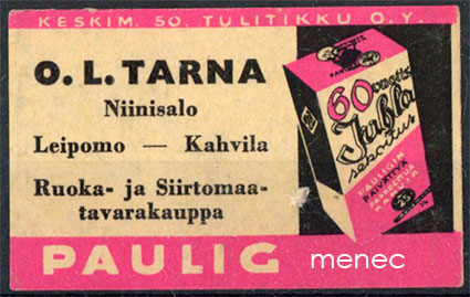 Kauppiasetiketti, Paulig, O. L. Tarna, Niinisalo, Kankaanpää 