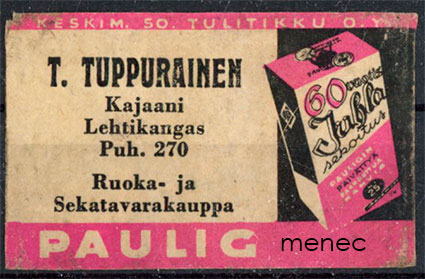 Kauppiasetiketti, Paulig, T. Tuppurainen, Kajaani, Lehtikangas 