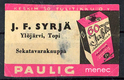Kauppiasetiketti, Paulig, J. F. Syrjä, Ylöjärvi, Topi 