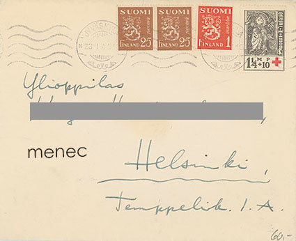 Kirjelähetys 19401, Punainen Risti 1/4mk+10p, joulumerkki 1940 