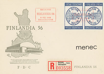 Finlandia 1956, 2x30 mk päikköpari, FDC, kirjattu, näyttelyn kirjeensulkijalla 