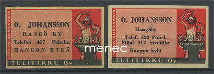 Seppä-etiketti, vanha malli, O. Johansson, Hangonkylä, Hanko, 2 kpl 