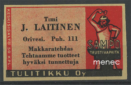 Seppä-etiketti, vanha malli, J. Laitinen, Orivesi 