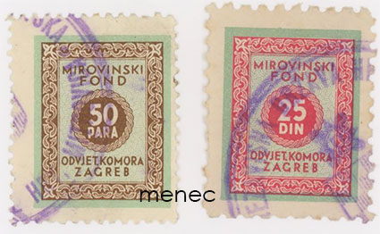 Jugoslavia, Mirovinski Fond -veromerkkejä, Zagreb, 2 kpl 